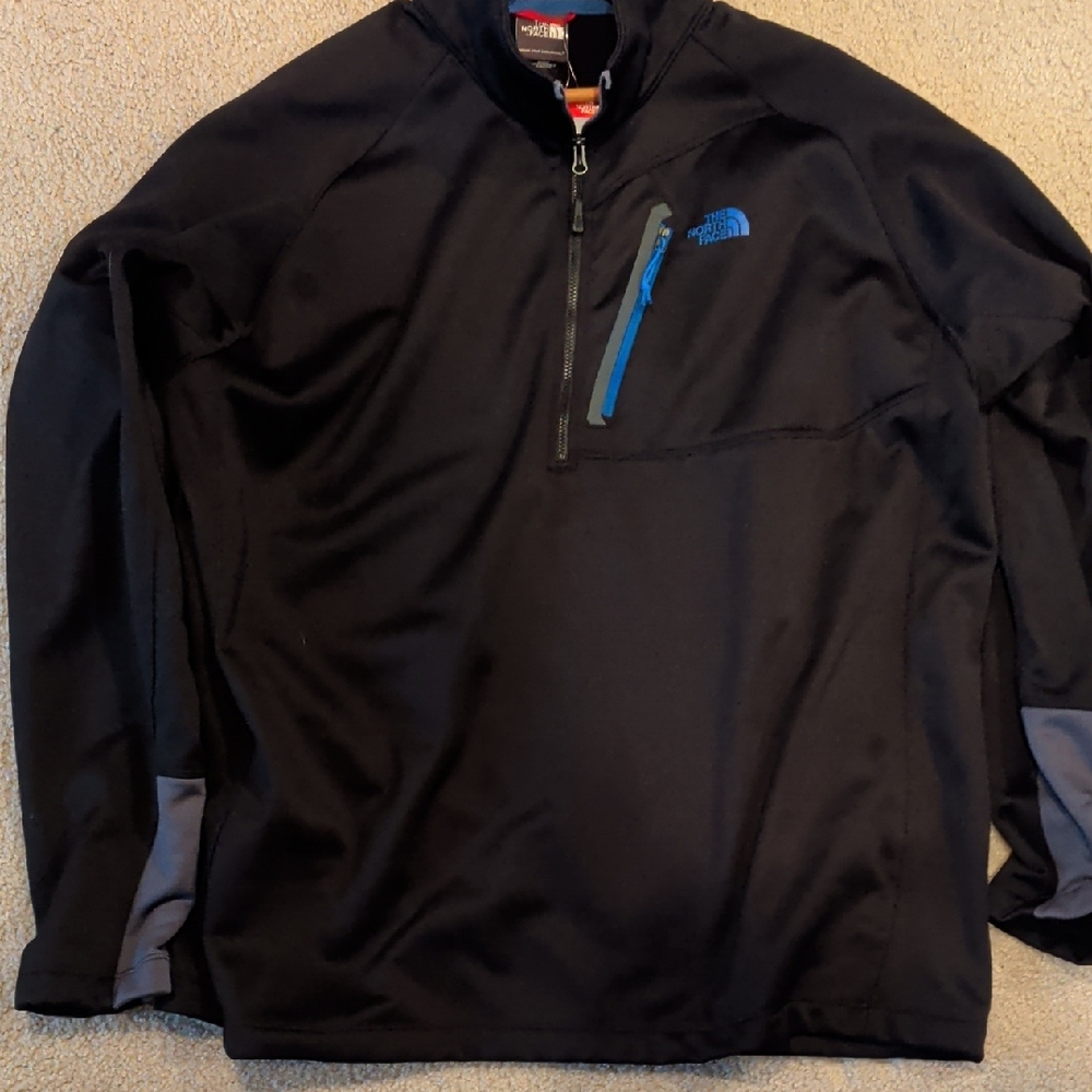 The North Face Men's Black Jacket with Blue Highlights
